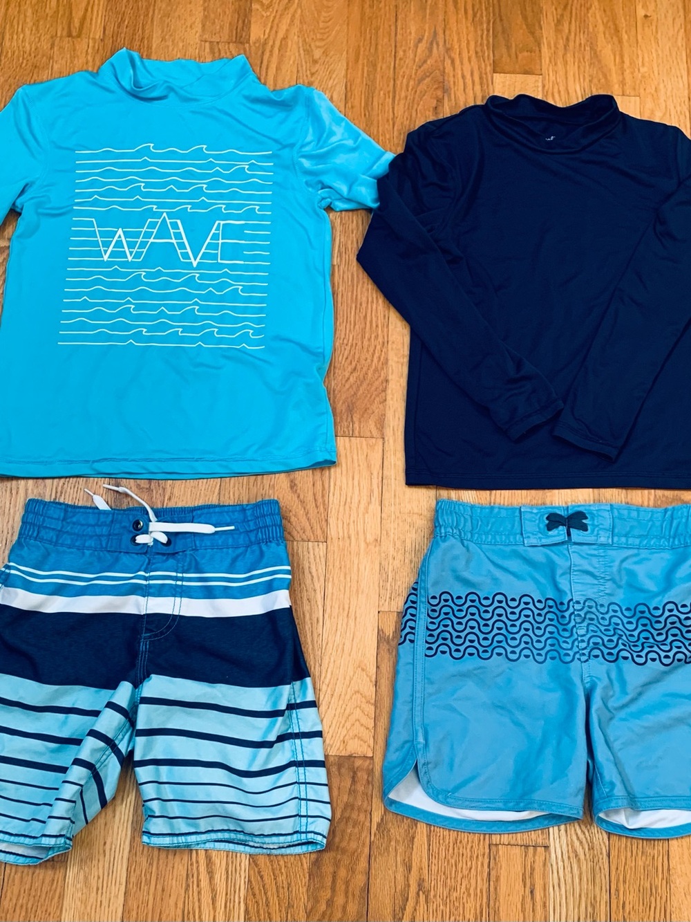 Boys Swim Set Size S 6/7 2 Rash Guards & 2 Matching Trunks , 4pc Bundle EUC